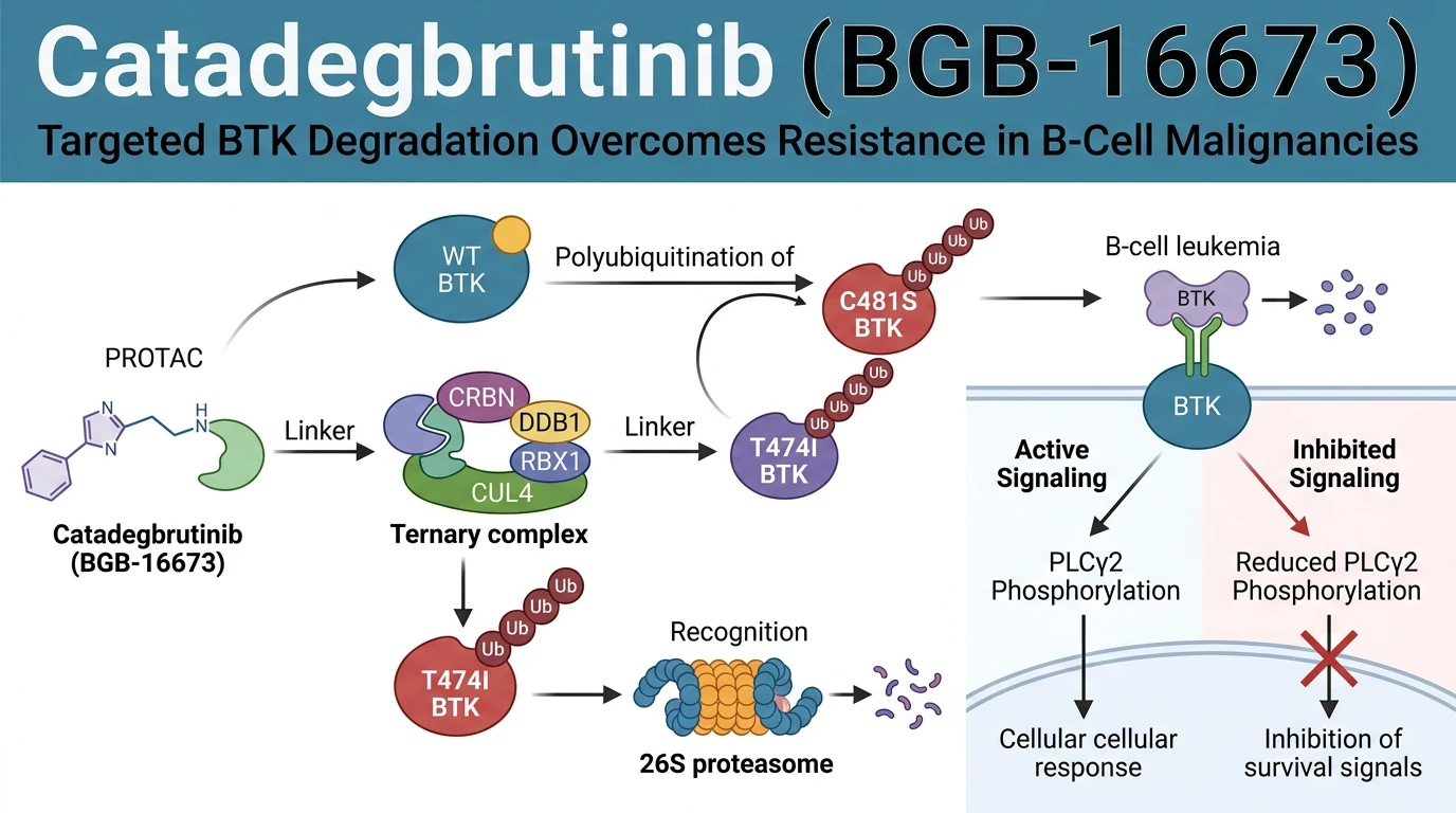 Schematic diagram of B-cell receptor BTK signaling degradation in chronic lymphocytic leukemia cells