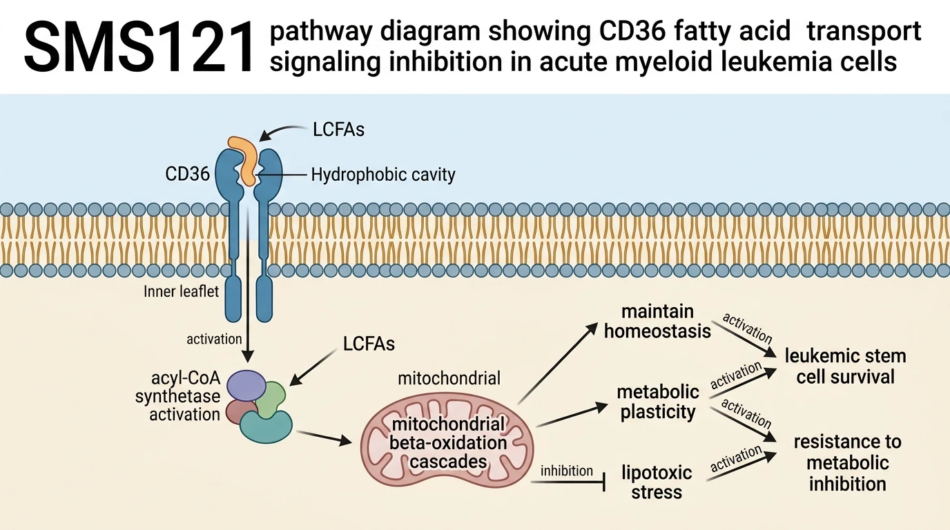 SMS121 pathway diagram showing CD36 fatty acid transport signaling inhibition in acute myeloid leukemia cells