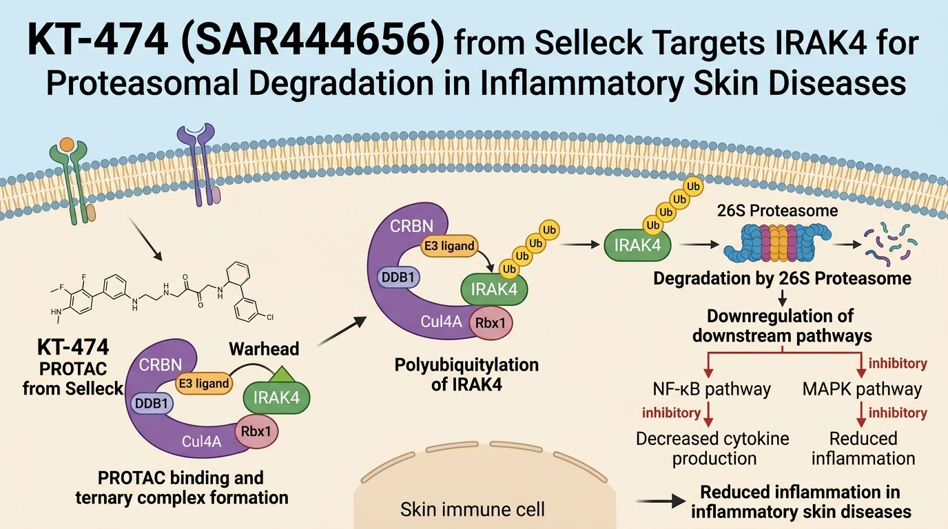 Schematic diagram of IL-1R TLR signaling pathway showing PROTAC mediated IRAK4 ubiquitylation and proteasomal degradation