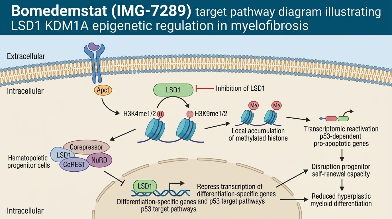 Bomedemstat IMG-7289 target pathway diagram illustrating LSD1 KDM1A epigenetic regulation in myelofibrosis