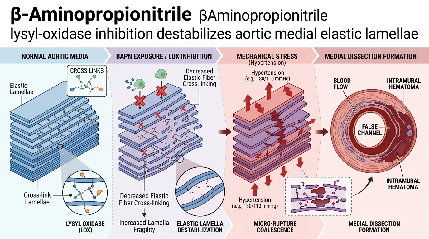 Schematic diagram of lysyl oxidase extracellular matrix crosslinking pathway in arterial wall failure