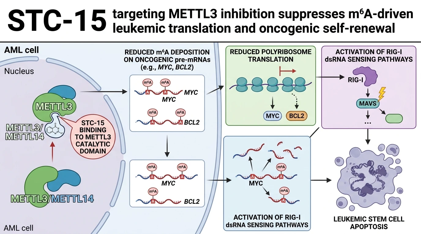 Schematic diagram of METTL3 m6A RNA methylation pathway in leukemia showing catalytic inhibition by STC-15