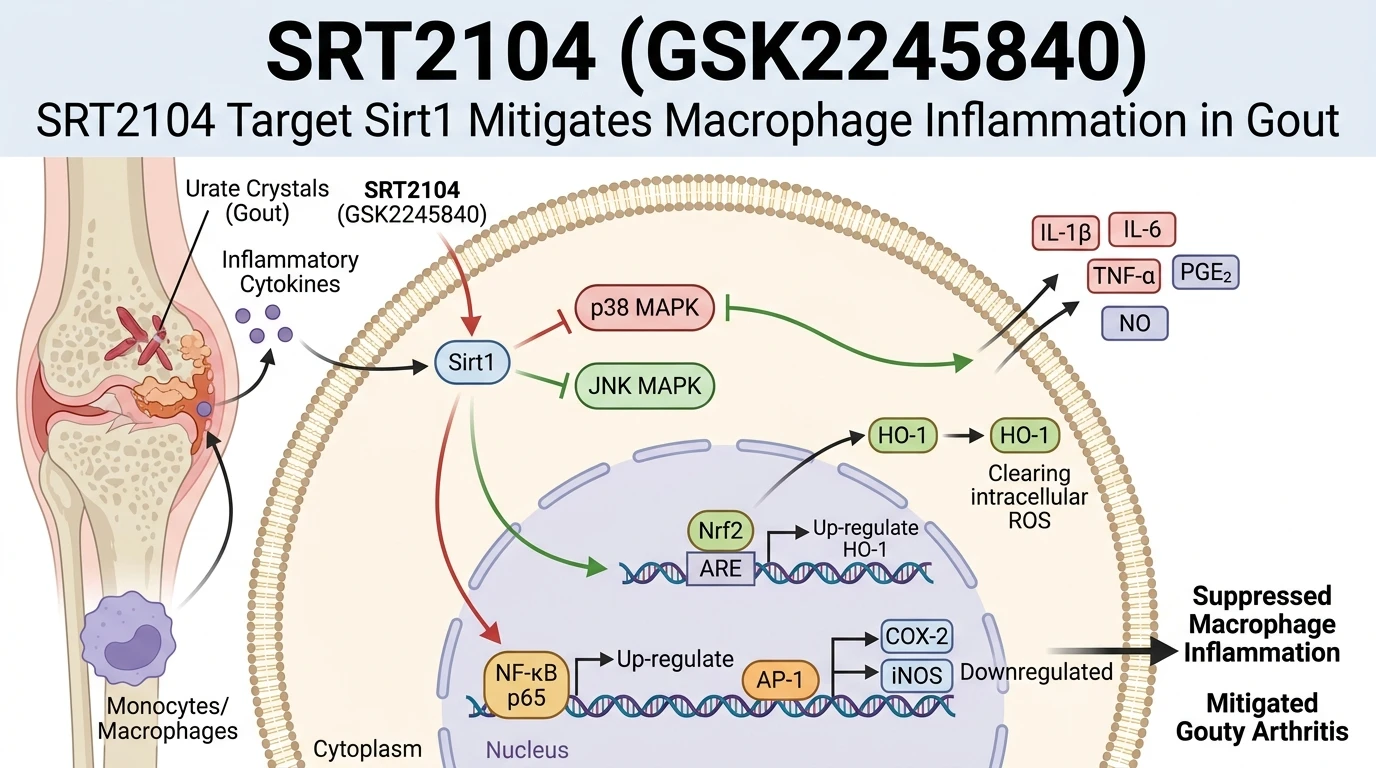 Schematic diagram of Sirt1 MAPK NF-κB AP-1 Nrf2 HO-1 pathway in gouty arthritis macrophages