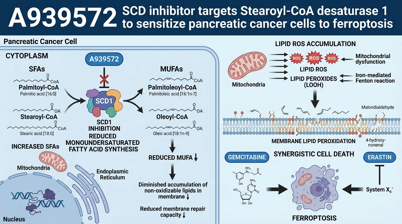Schematic diagram of Stearoyl-CoA desaturase 1 lipid desaturation signaling pathway in pancreatic cancer ferroptosis