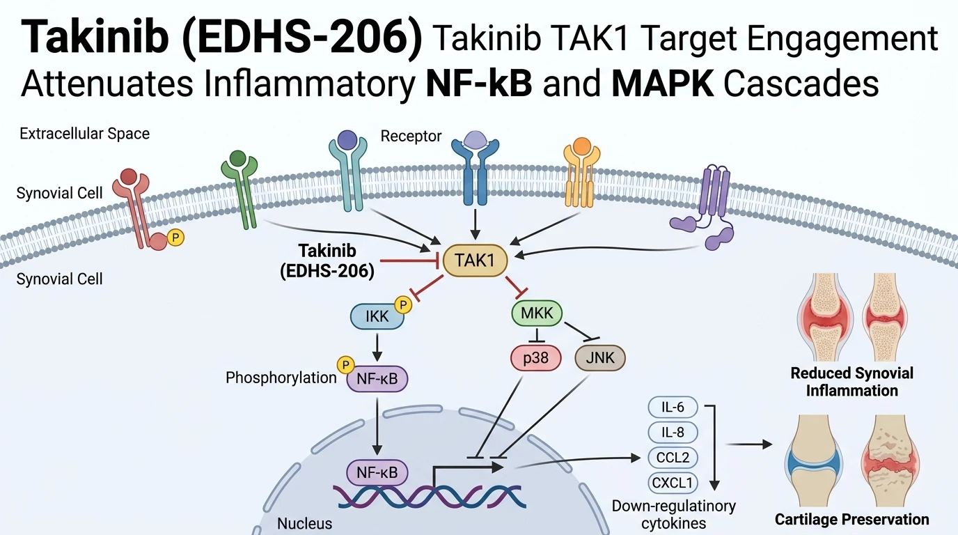 Schematic diagram of TNF and LPS induced NF-kB MAPK signaling pathway showing selective TAK1 kinase inhibition