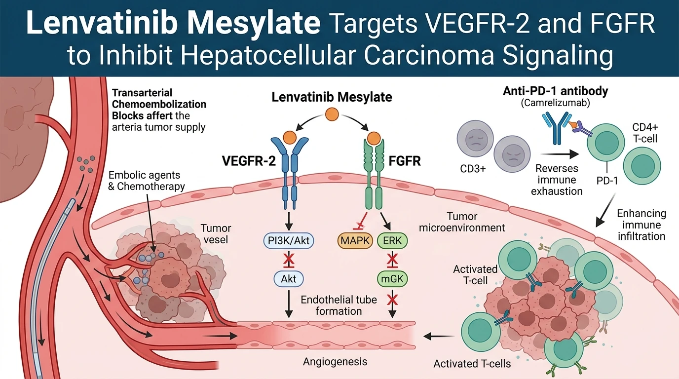 Schematic diagram of VEGFR FGFR signaling pathway in liver cancer showing multi-kinase inhibition