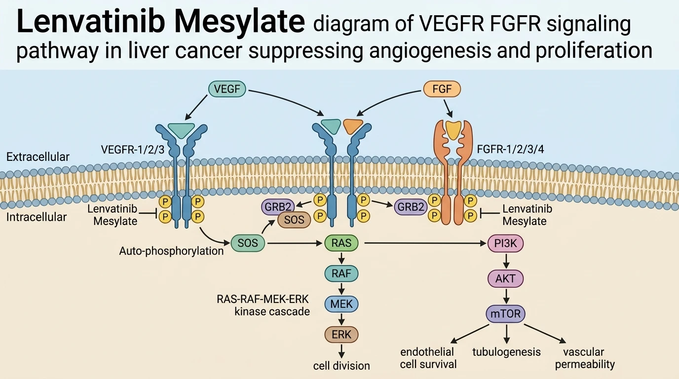 Lenvatinib Mesylate diagram of VEGFR FGFR signaling pathway in liver cancer suppressing angiogenesis and proliferation